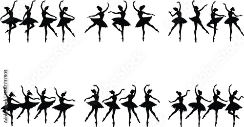 Ballerina Silhouettes Repeating Pattern, Dancing Women Black Shapes on White Background