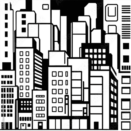 高層ビル群の白黒アイコンイラスト｜Black and White Skyscraper Icon Illustration