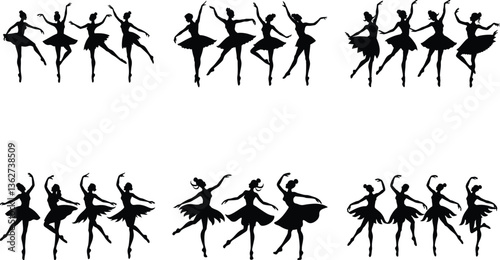 Silhouette of Female Ballerinas Dancing Gracefully, Black Silhouettes on White Background