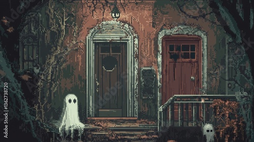 Draw a pixel art of a spooky haunted house with cobwebs, creaky doors, and ghostly figures wandering the dark hallways.