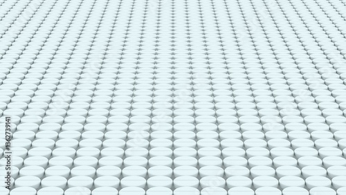 Large repeating grid of white round tablets arranged in straight perspective pattern with clean surface and soft shadows in pharmaceutical style background