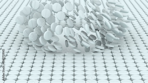 Dynamic burst of white round tablets breaking through a seamless pattern surface in medical themed abstract background with scattered pill motion