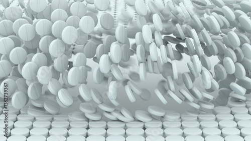 Chaotic motion of falling white round tablets over a disrupted seamless surface of pills in medical concept background with scattered elements