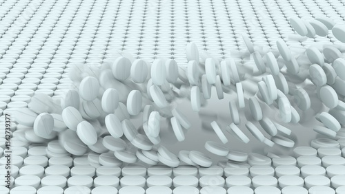 Sweep of falling white round pills across a uniform grid of tablets breaking symmetry in medical concept background with soft shadows and dynamic motion