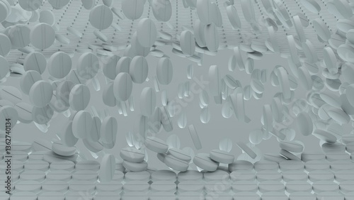 Mass of white tablets falling into deep crater formed in compact pill grid with layered motion and abstract medical concept background