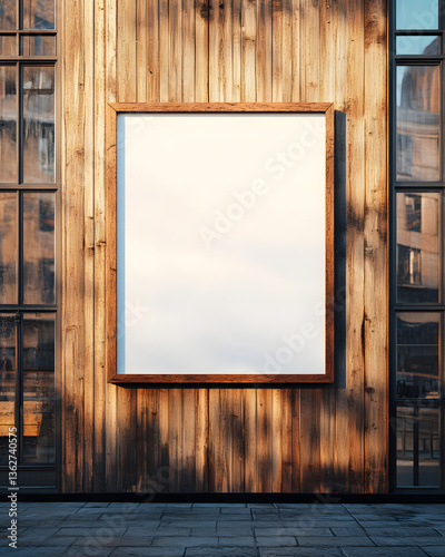 Blank billboard on the wall with a wooden frame and empty space for design or advertisement