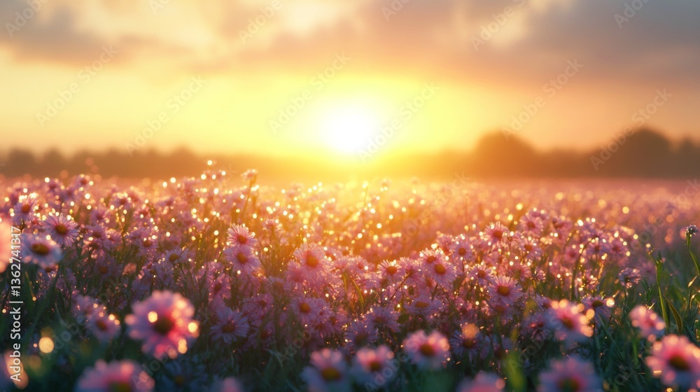 Naklejka premium A picturesque scene of a flower field at dawn, with the sun rising and illuminating the dew-covered blossoms, creating a magical and ethereal atmosphere.