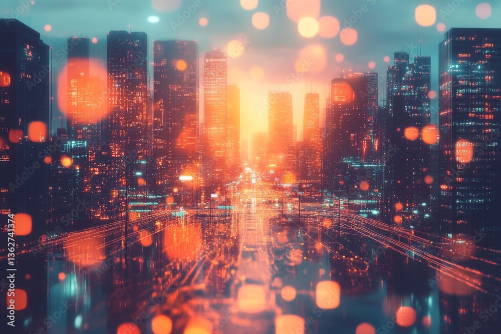 Abstract digital art with orange and blue glowing particles Abstract digital art with orange and blue glowing particles