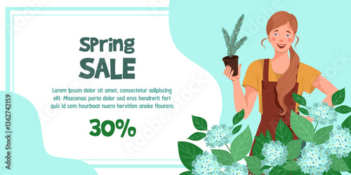Woman with ornamental plant sapling, nursery saleswoman with seedlings. Horizontal advertising banner with a sale announcement. Vector illustration