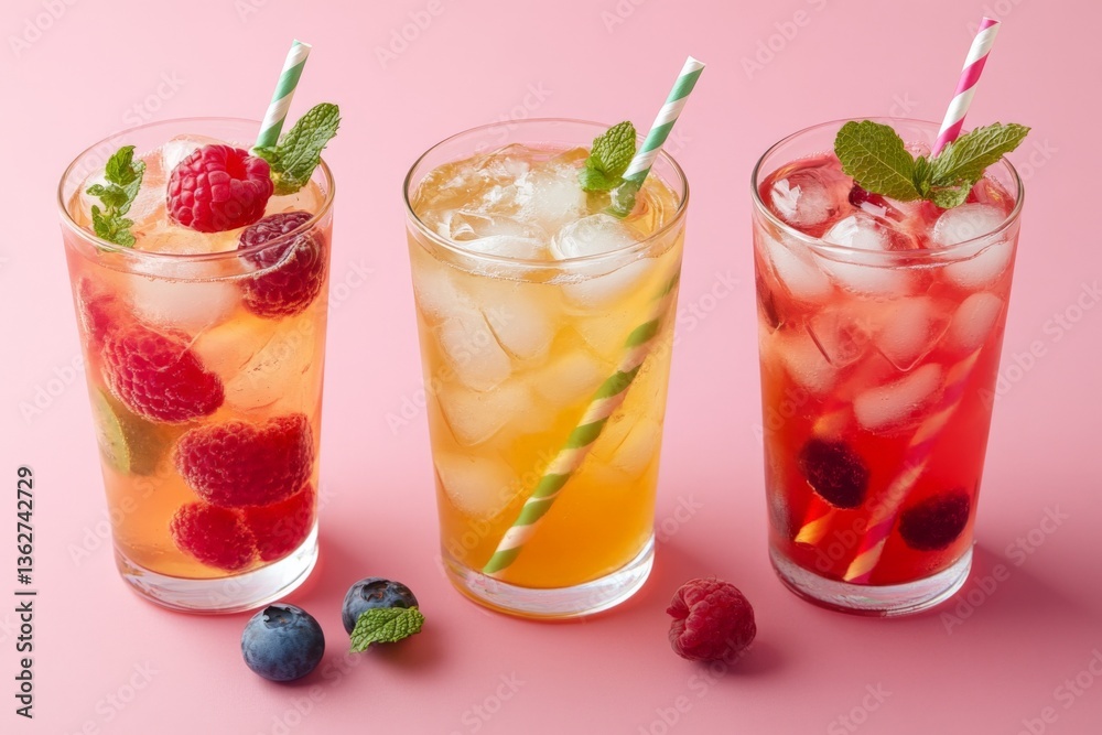 Refreshing summer drinks with colorful fruit and mint against a pink backdrop