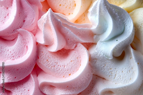 Colorful sweet meringue cookies in pink white and yellow tones arranged in a pile