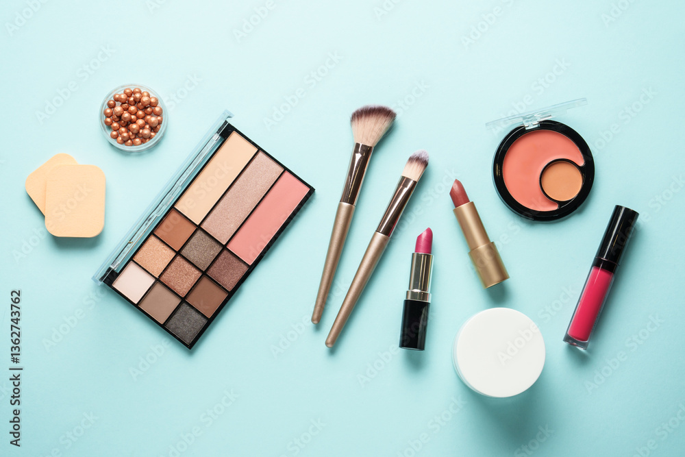 Make up products on blue.