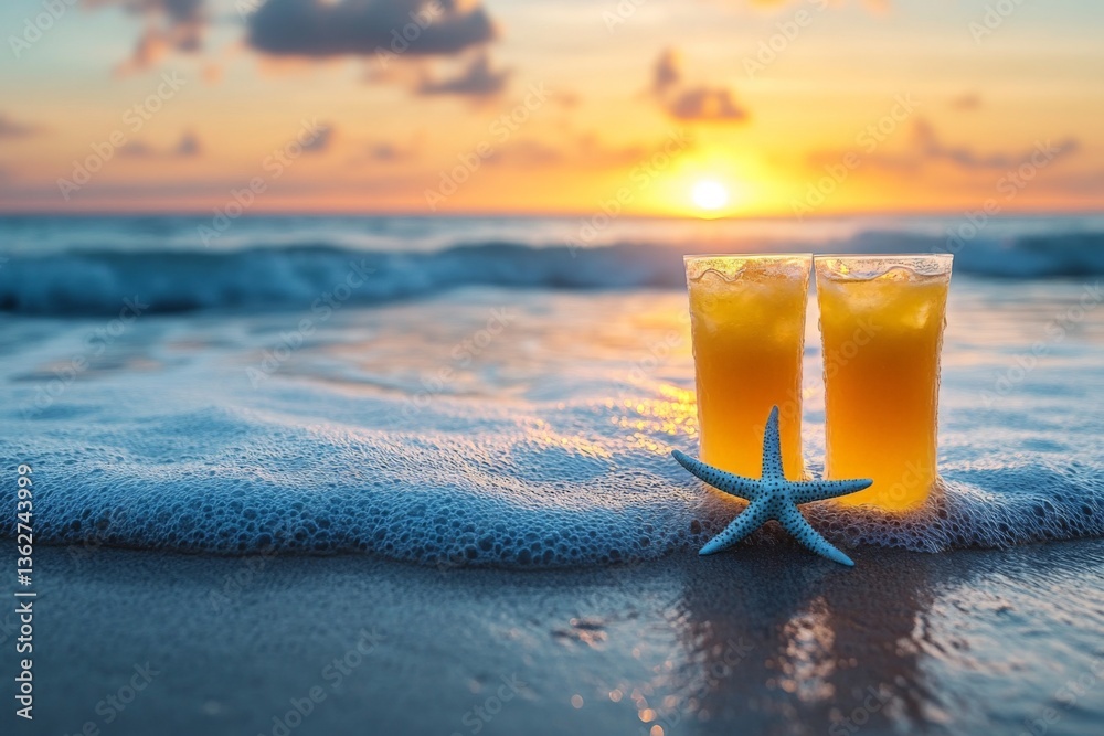 Refreshing sunset drinks by the shore with a starfish at the beach during golden hour Refreshing sunset drinks by the shore with a starfish at the beach during golden hour