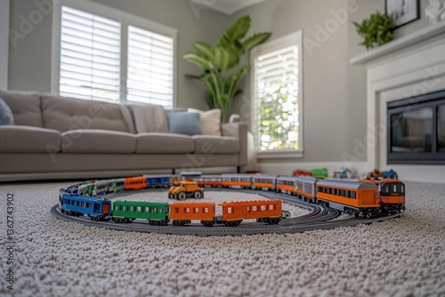 Colorful Toy Train Set on Track in Cozy Living Room Environment