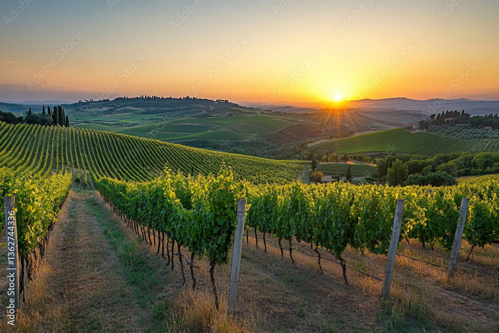 Naklejka premium Arafed view of a vineyard with a sunset in the background