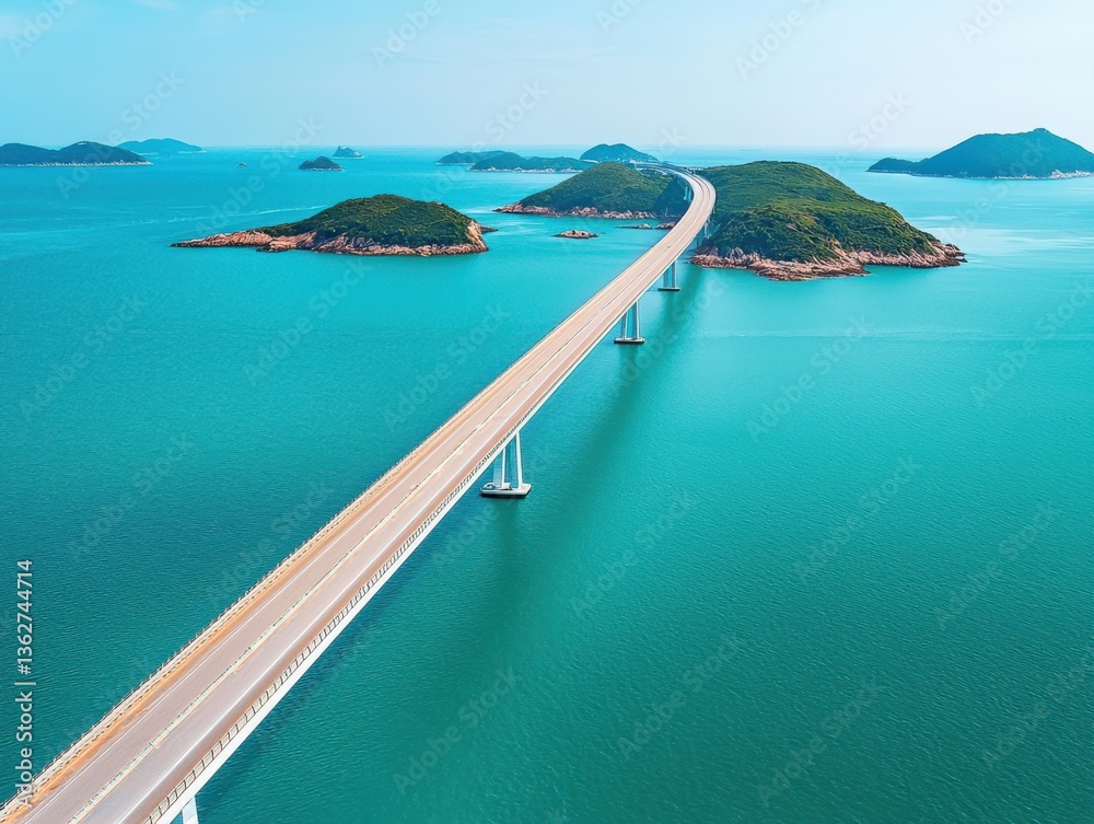 Fototapeta premium Beautiful aerial view of a long bridge connecting islands over turquoise waters.