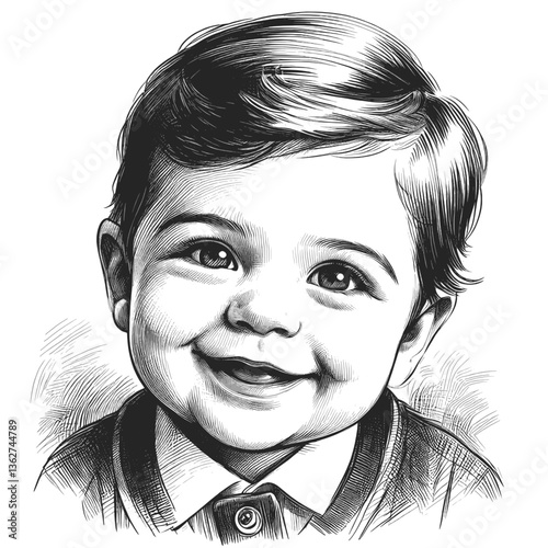 Sweetest Little Smirk baby boy smiling portrait black and white line art drawing ink sketch vector hand drawn illustration background