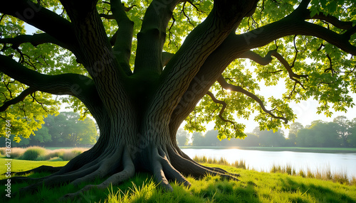 an old oak tree with large roots near a river