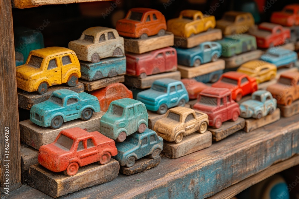 Fototapeta premium Collection of colorful vintage toy cars displayed on wooden shelves