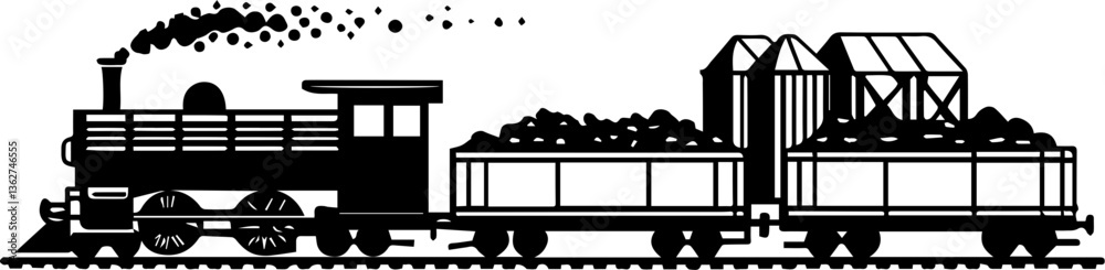 Naklejka premium Rail freight and train transport logistics in SVG and vector formats.Vintage Steam Train Engine with Cargo on Railway Tracks