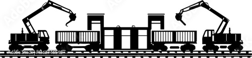 Rail freight and train transport logistics in SVG and vector formats.Industrial Scene with Cranes Loading Containers on Railway