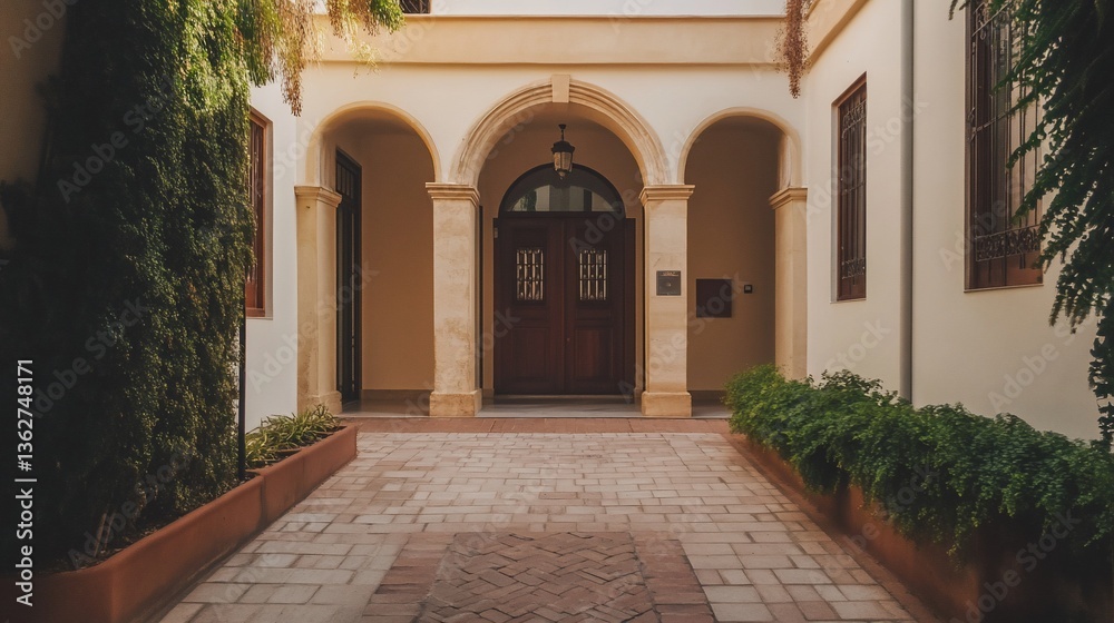 Fototapeta premium A sun-drenched courtyard with a classical archway entrance, featuring terracotta colored bricks, lush greenery, and a wooden door.