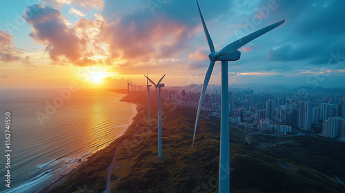 Aerial view propeller wing wind turbines city background Fusion of technology sustainability quiet power renewable energy against backdrop urban progress future innovation nature coexist, illustration