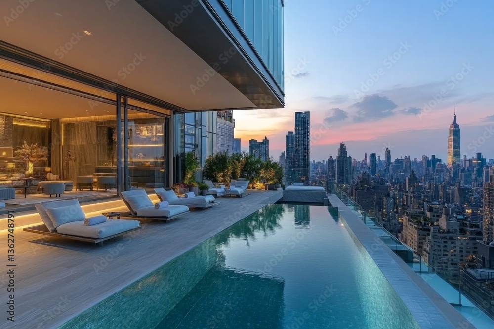 Naklejka premium Luxurious poolside balcony with city skyline at sunset