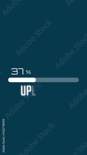 Pixelated Progress, Vertical Video Animation of a Loading Bar with 'Uploading' Message on a Dark Blue Abstract Background
