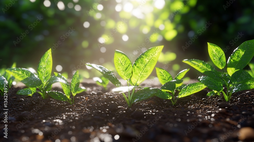 Lush green seedlings emerging from rich soil, bathed in sunlight Lush green seedlings emerging from rich soil, bathed in sunlight