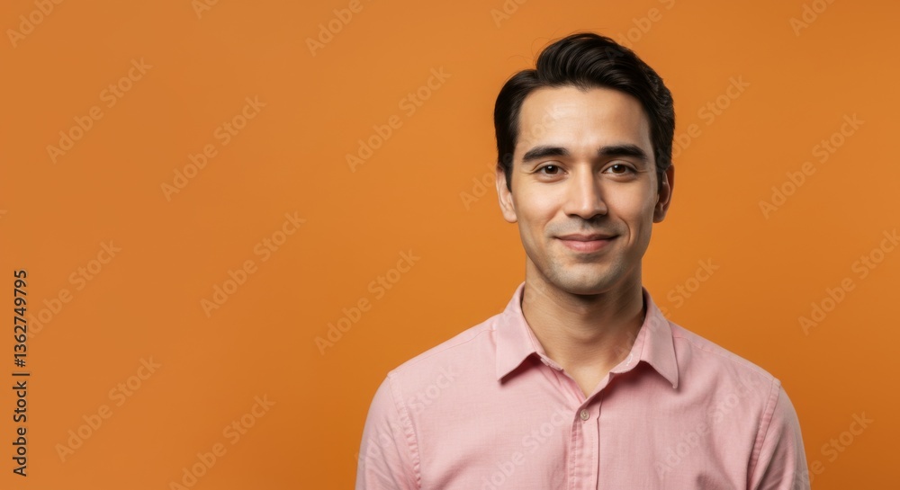 Fototapeta premium Confident young man in pink shirt on orange background for fashion and lifestyle concepts