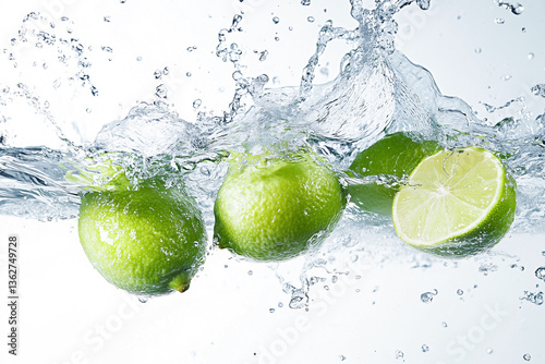 Fresh Limes with Water Splash on White Background