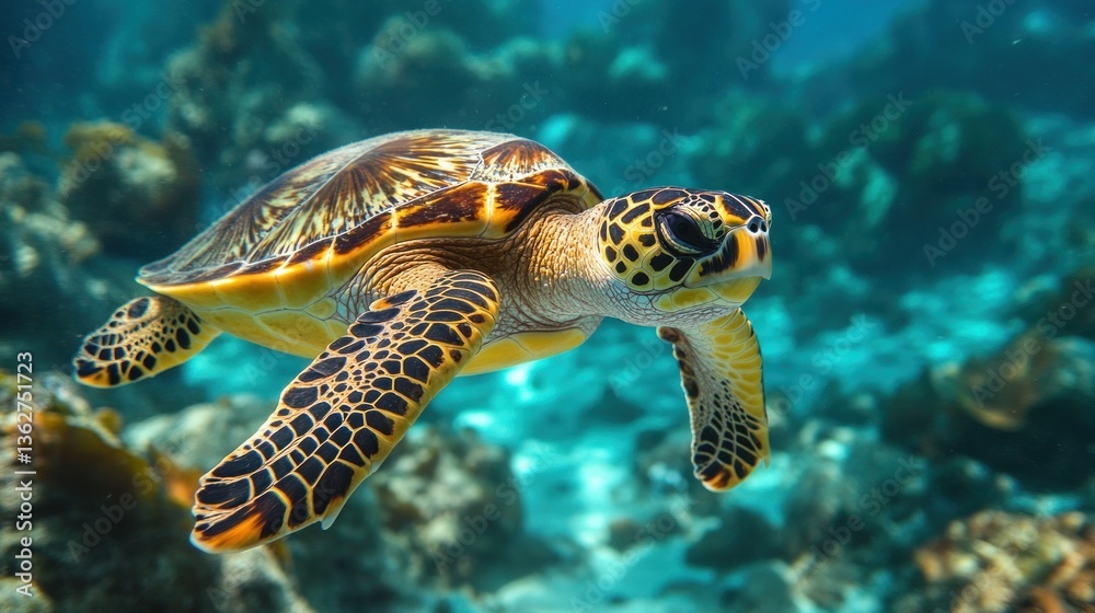 Fototapeta premium Majestic Sea Turtle Gracefully Gliding Through Vibrant Coral Reef