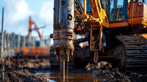 Close up of a drilling machine in muddy water at a construction site on a cloudy day outdoors