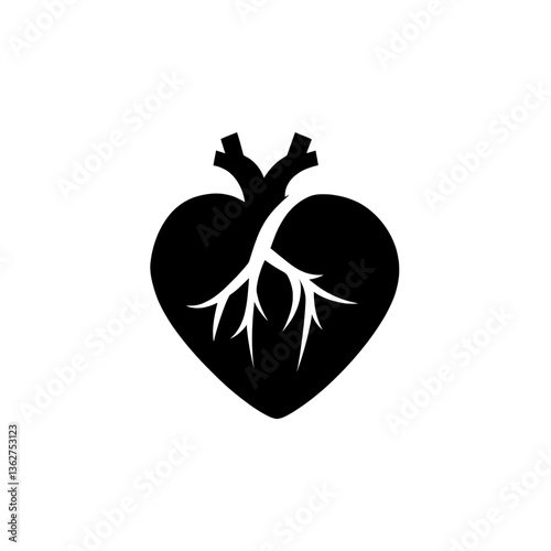 A minimalistic black heart icon with branching veins, symbolizing circulatory health, cardiology, anatomy, and human heart function.