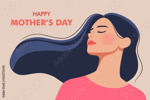 Celebration of motherhood. A woman with flowing hair smiles gently while, symbolizing the joy and love associated with Mother's Day. Vector illustration.