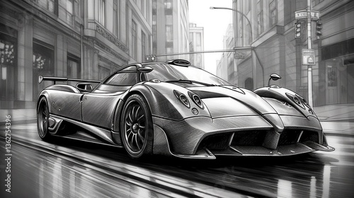 A sleek black hypercar drives through a rainy city, showcasing its aerodynamic design and glossy finish.