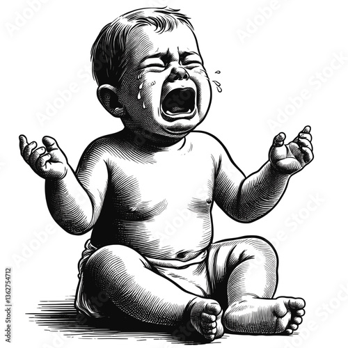Innocence in Anguish baby boy cry black and white line art drawing ink sketch vector hand drawn illustration background