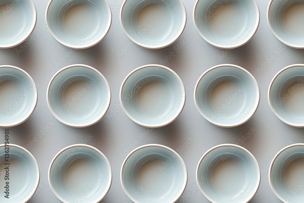 A set of identical ceramic bowls symmetrically arranged in a grid pattern, conceptual repetition. A set of identical ceramic bowls symmetrically arranged in a grid pattern, conceptual repetition.