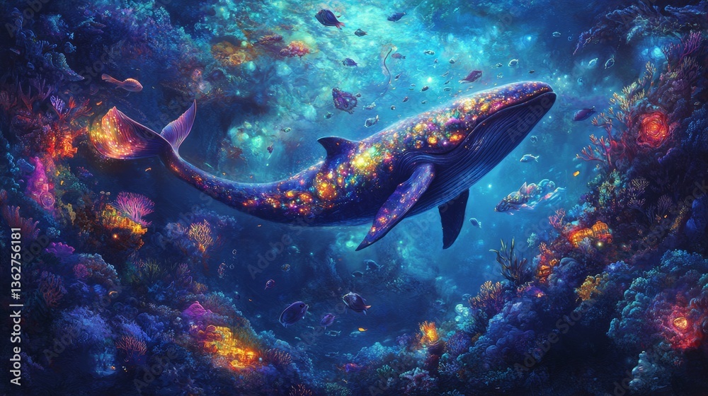 Fototapeta premium A mermaid surrounded by glowing plankton, blending fantasy with realism. A surreal, colorful coral reef city filled with tiny marine creatures. A magical whale with glowing patterns on its skin, swim