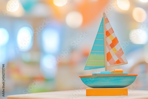 Colorful Wooden Sailboat Toy with Blurred Background Display