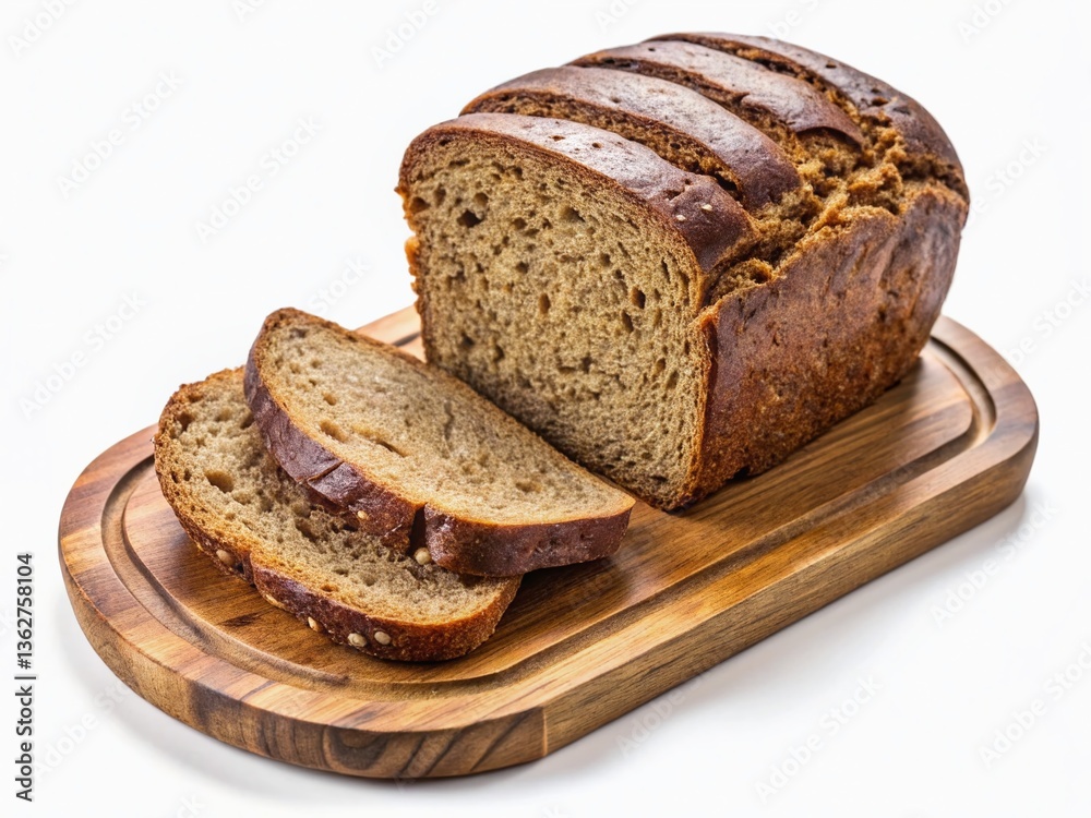 Aerial View of Sliced Black Bread on Rustic Wooden Board, White Background Aerial View of Sliced Black Bread on Rustic Wooden Board, White Background