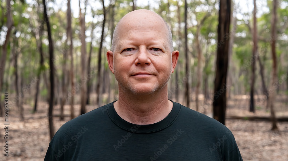 Man stands in forest, thoughtful portrait Man stands in forest, thoughtful portrait