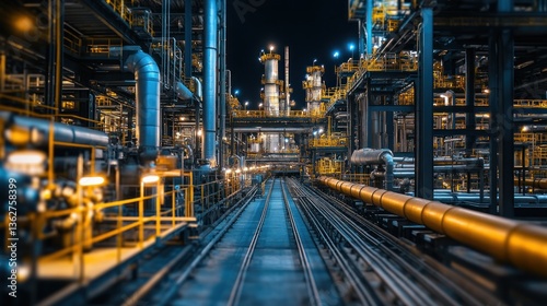Night View of an Industrial Refinery Complex