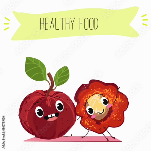 Barbados cherry Red acerola cherry fruits. Natural vitamin antioxidant detox food collection. Vector hand drawn illistration.