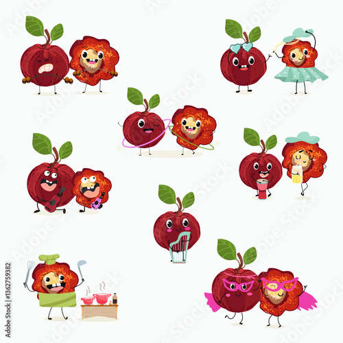 Barbados cherry Red acerola cherry fruits. Natural vitamin antioxidant detox food collection. Vector hand drawn illistration.