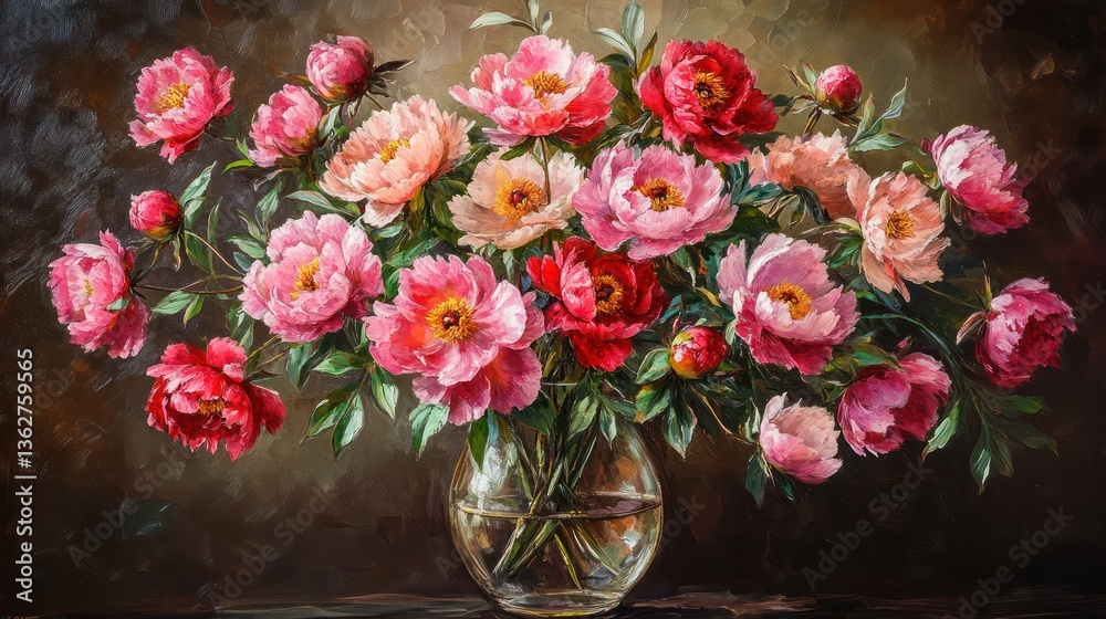 Fototapeta premium Vibrant peony bouquet in glass vase, oil painting, dark background, home decor