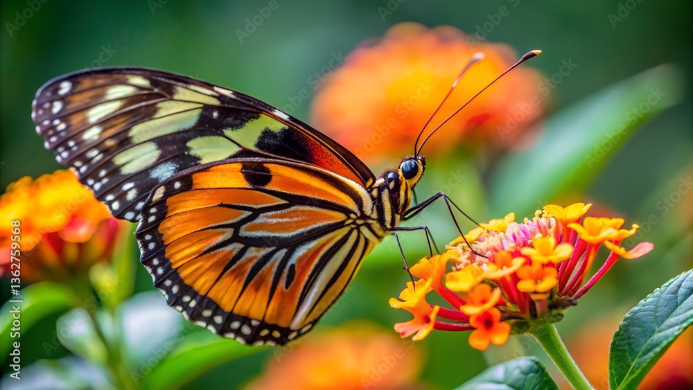 Fototapeta premium Monarch butterfly feeding on a vibrant flower in a garden