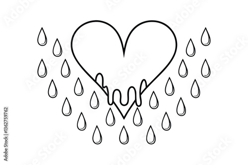 Melting Heart, Dripping Tears, Sadness, Pain, Sorrow, Anguish, Grief, Broken Heart, Outline, Drawing