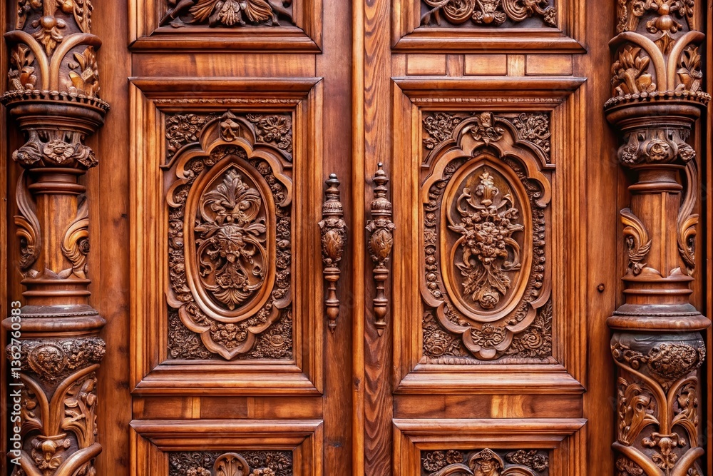 Antique Reddish Wooden Door Detail - Rich Texture and Intricate Carving, Copy Space Left Antique Reddish Wooden Door Detail - Rich Texture and Intricate Carving, Copy Space Left